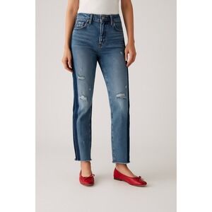 Levi's 501 Distressed Jeans – Size 28 – Medium Wash with Dark Stripe‎ & Raw Hem